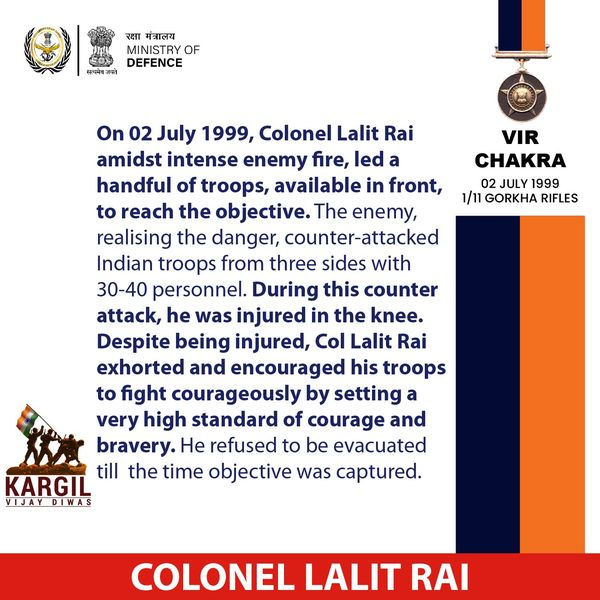 During Op VIJAY, Colonel Lalit Rai of 1/11 Gorkha Rifles, was tasked to capture the formidable Khalubar Heights. During the advance, he led his men from the front with indomitable grit. For his exemplary courage, he was awarded #VirChakra.
#Gorkha #GorkhaRifles #GorkhaRegiment