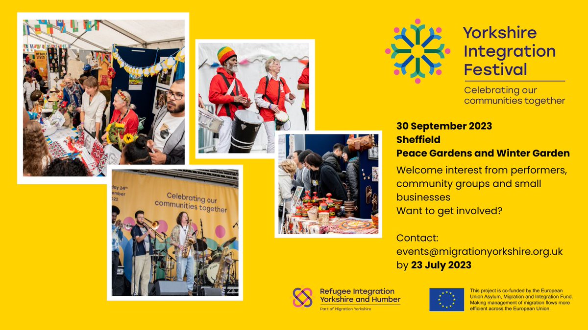 Calling #Sheffield performers, community groups &amp; small businesses 📢

The Yorkshire Integration Festival is coming to UKs first City of Sanctuary on 30th September 2023 🥳

Would you like to be involved? 👇

#SheffieldIsSuper