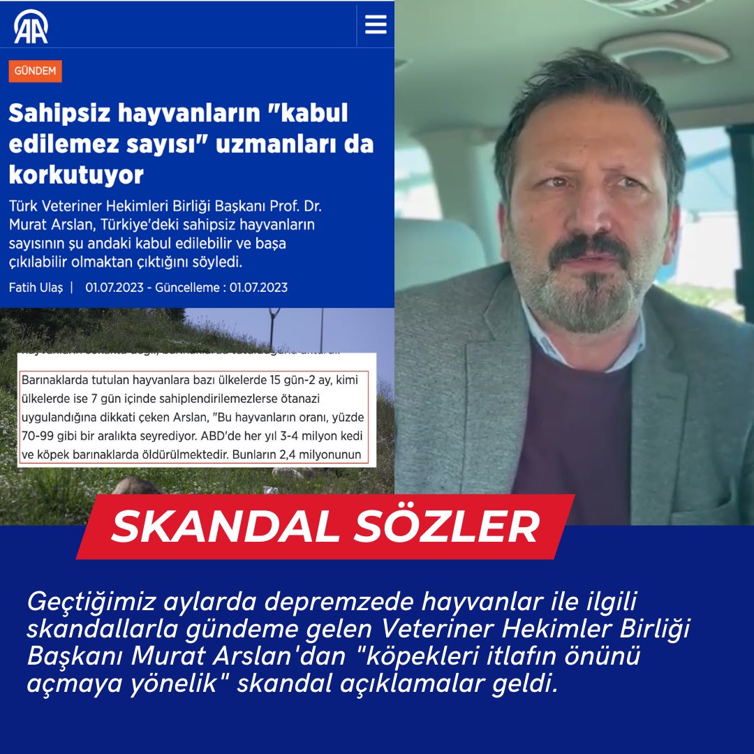 PawGuardsGlobal's tweet photo. SKANDAL! Türk Veteriner Hekimleri Birliği Başkanı Murat Arslan “köpeklerin itlafının önünü açmaya yönelik” açıklamalarıyla yine bir skandala imza attı. Aynı şahıs 4 ay önce Maraş Barınağında depremzede hayvanları uyuttuğu gerekçesiyle de gündeme gelmişti! #MuratArslanistifa https://t.co/8KhNh8rFJO