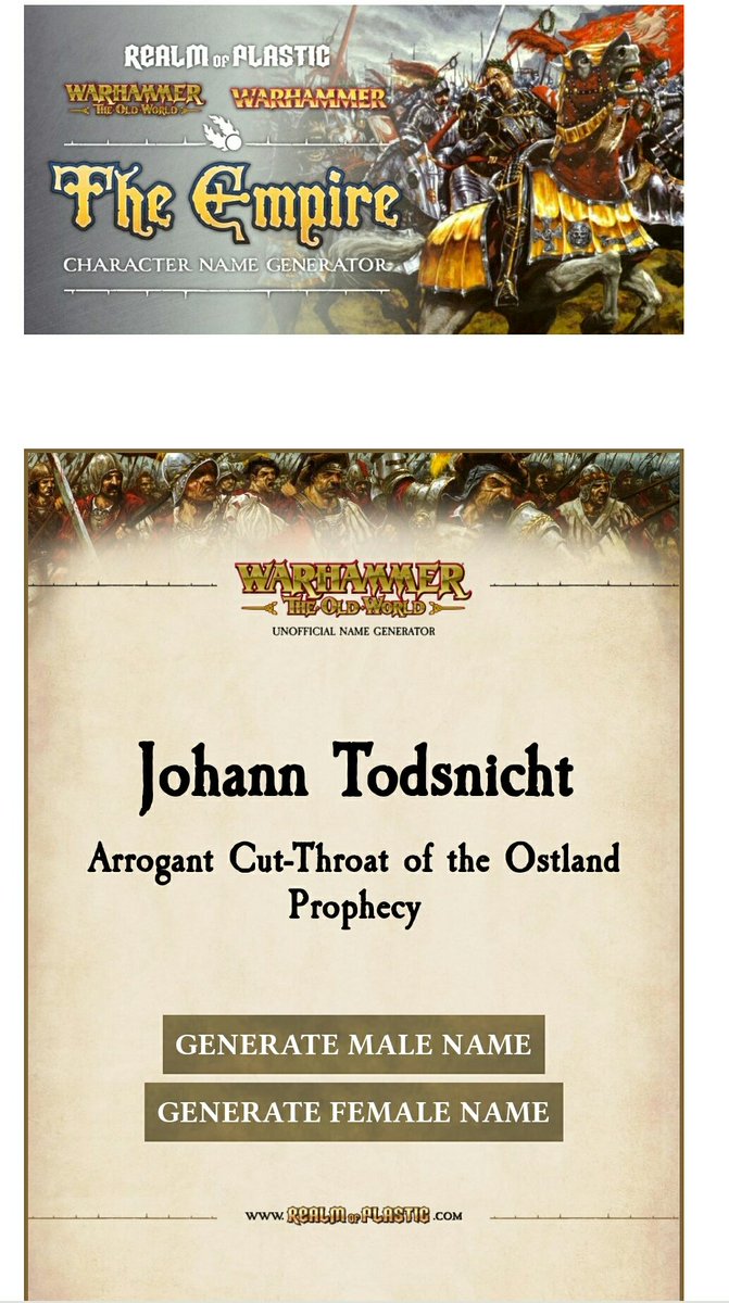 RealmOfPlastic's tweet photo. For those who don't know, I've made quite a lot of character and army name generators for lots of Games Workshop games and factions. You might like 'em!

Realm of Plastic: https://t.co/QO2u1PcK7y

#warhammer #WarhammerCommunity https://t.co/h1F9nJ4T1D
