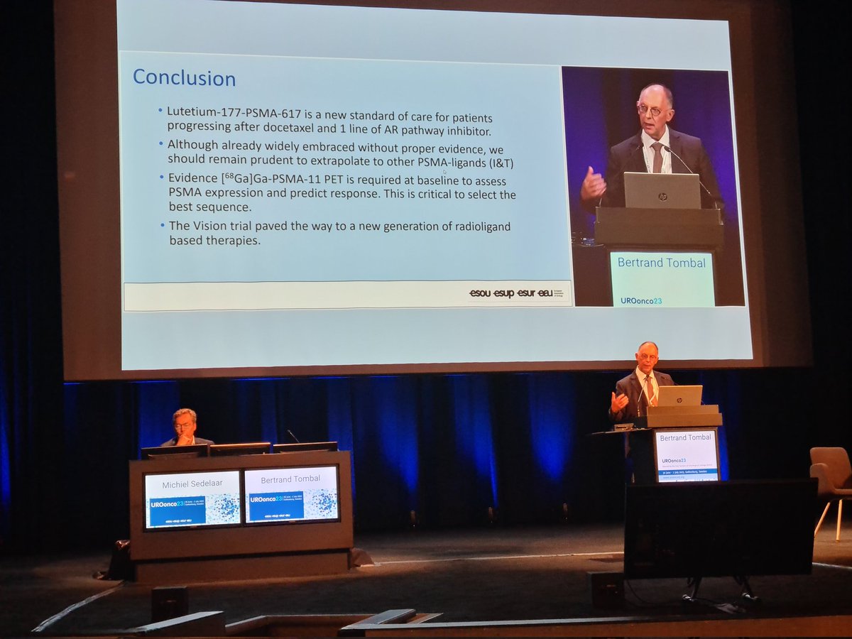 Another unmissable lecture at @Uroweb #UROonco23 
@BertrandTOMBAL @ASCO on current and future role of #PSMA #theranostics in the evolving tx landscape #prostatecancer