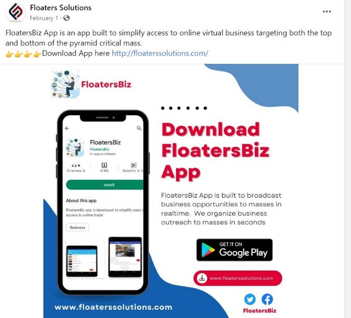 The Floaters app will help you to enjoy marketing your products online. Download the app today
FREE ADVERTISING 
#FloatersBiz
Get OneMillion Views