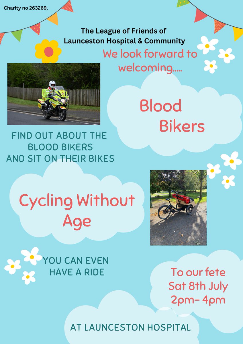 On Saturday we will welcome a number of Volunteer groups to our fete @LauncestonHosp Come along and find out about them @CFWBloodBikes & Cycling without age bit.ly/44wnBND