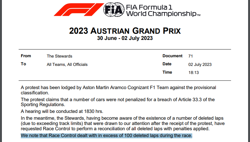 If there were 100 deleted laps, and each driver is only allowed 4 deleted laps before penalties are handed out, then there should be 25 instances of 5-sec penalties right? #AustrianGP