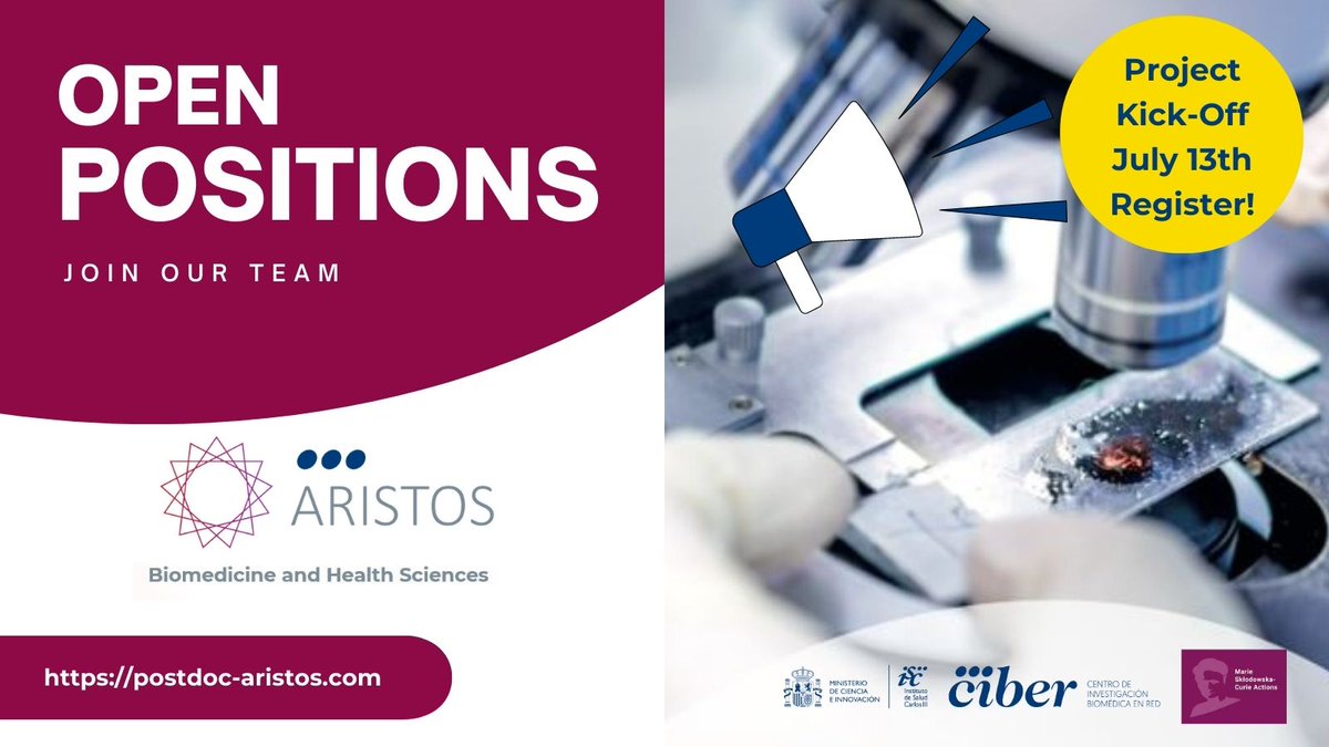📅 Join us on July 13th for a kick-off meeting of the #ARISTOS Project in #Biomedicine & #Health Sciences!🚀 ⏰ 3:00- 4:30 PM CEST. Welcomes 👥 #postdocs 🏢 interested companies register at👉 docs.google.com/forms/d/e/1FAI… Don't miss this chance! @CIBER_ISCIII @raicex_es @EURAXESS