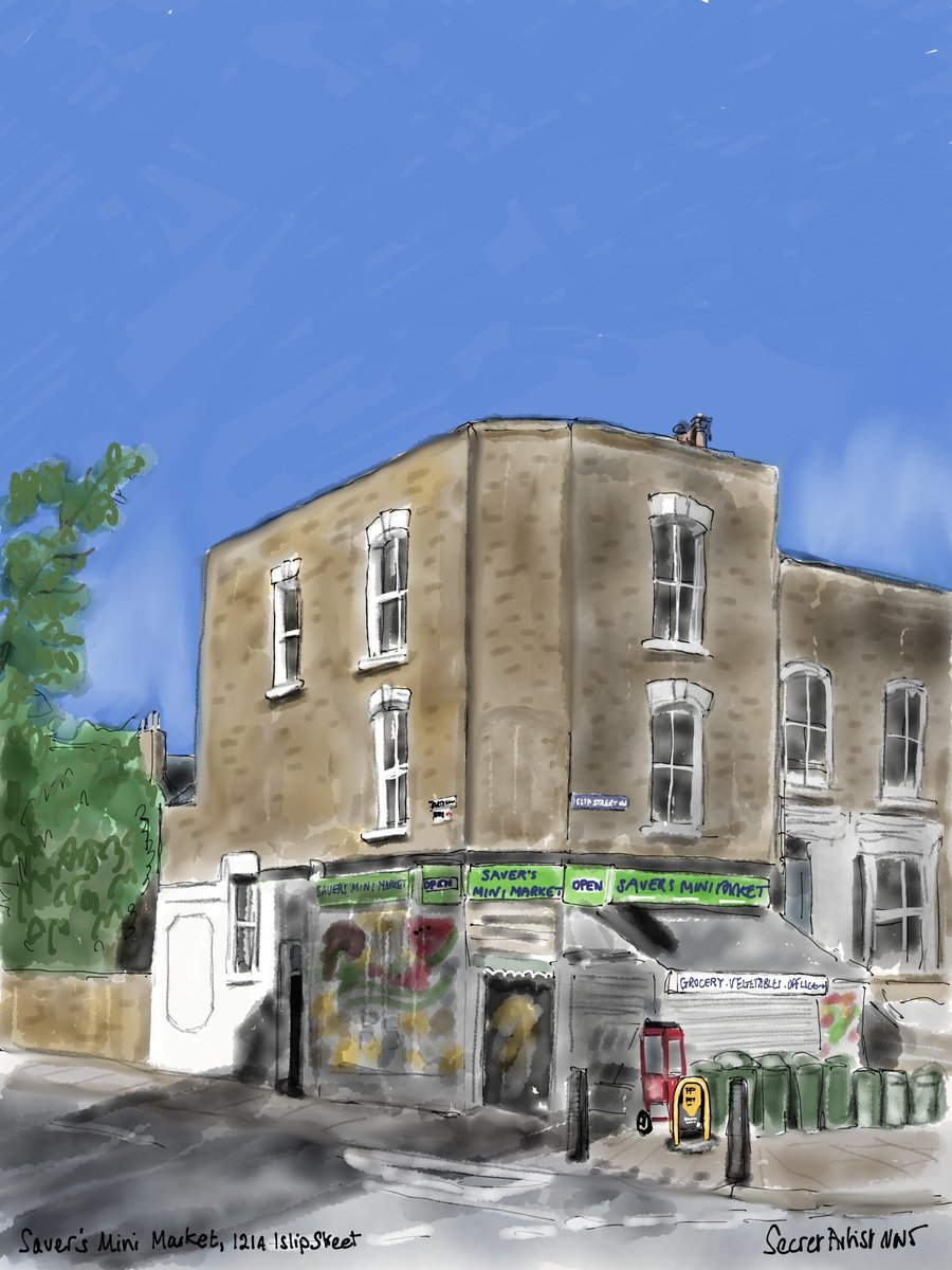 secretartistNW5's tweet image. Kentish Town is lucky to have quite a few old corner shops still going, though in the past there were many more of them. Today&apos;s painting is of the Saver&apos;s Mini Market, on the corner of Islip Street and Bartholomew Road. #localshops #Kentishtown
