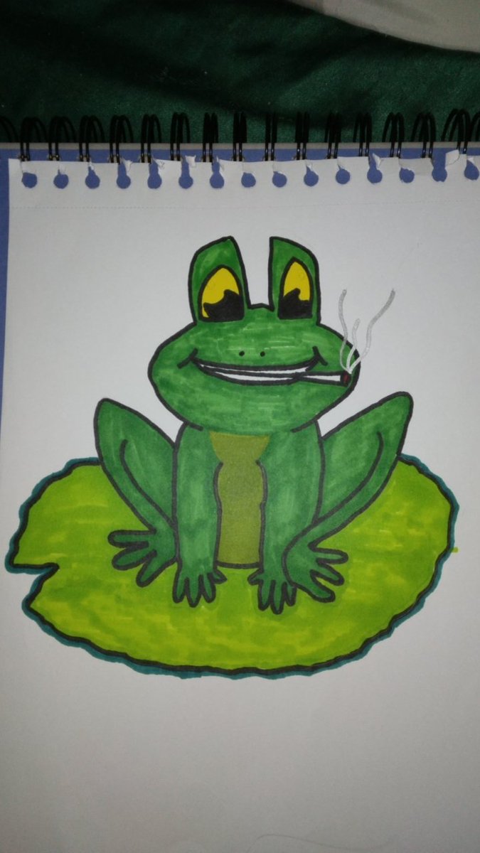 ShipwreckStarla's tweet photo. #shittyart number22!! A friend asked for a smoking frog on a lily. He's cute 🥺🥰 #free #baddrawing for requests!
#imnotanartist #frog #frogart #smokingfrog https://t.co/zGfma6ZyMG