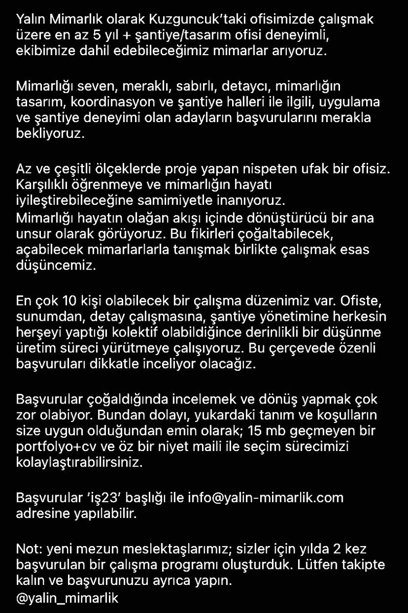 OmerSelcukBaz's tweet photo. Bir ilan;

İlgilenebileceklerle paylaşın lütfen 

Yalın Mimarlık / Mimar Arayışı

Yalın mimarlık olarak Kuzguncuk’taki ofisimizde çalışmak üzere en az 5 yıl + şantiye/tasarım ofisi deneyimli, mimarlar arıyoruz.

Detaylar ekte, başvuru için
info@yalin-mimarlik.com https://t.co/WLbGlVDFiG