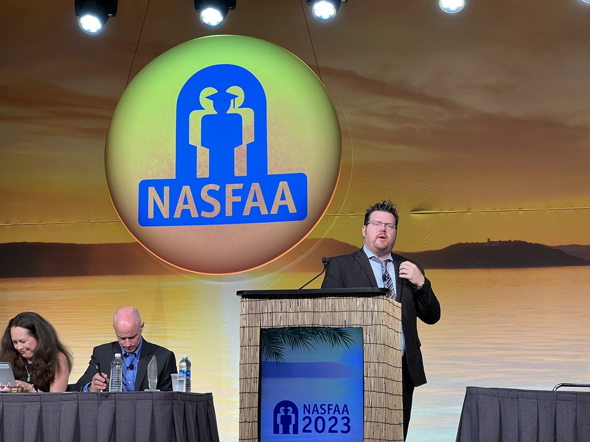 nasfaa's tweet image. Dennis Kramer, director of policy research and analysis group at @usedgov, presents updates and details of the Student Aid Index at #NASFAA2023