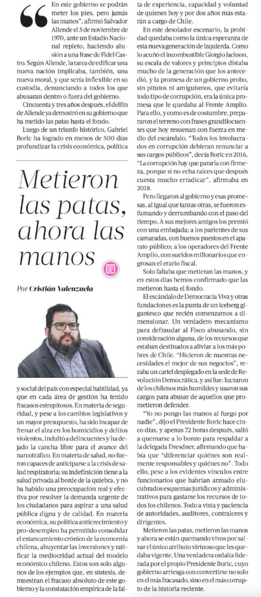 crvalenzuela's tweet photo. El Gobierno de Boric primero metió las patas y ahora metieron las manos.

Mi columna hoy en @latercera https://t.co/NxxjaZ0pxM