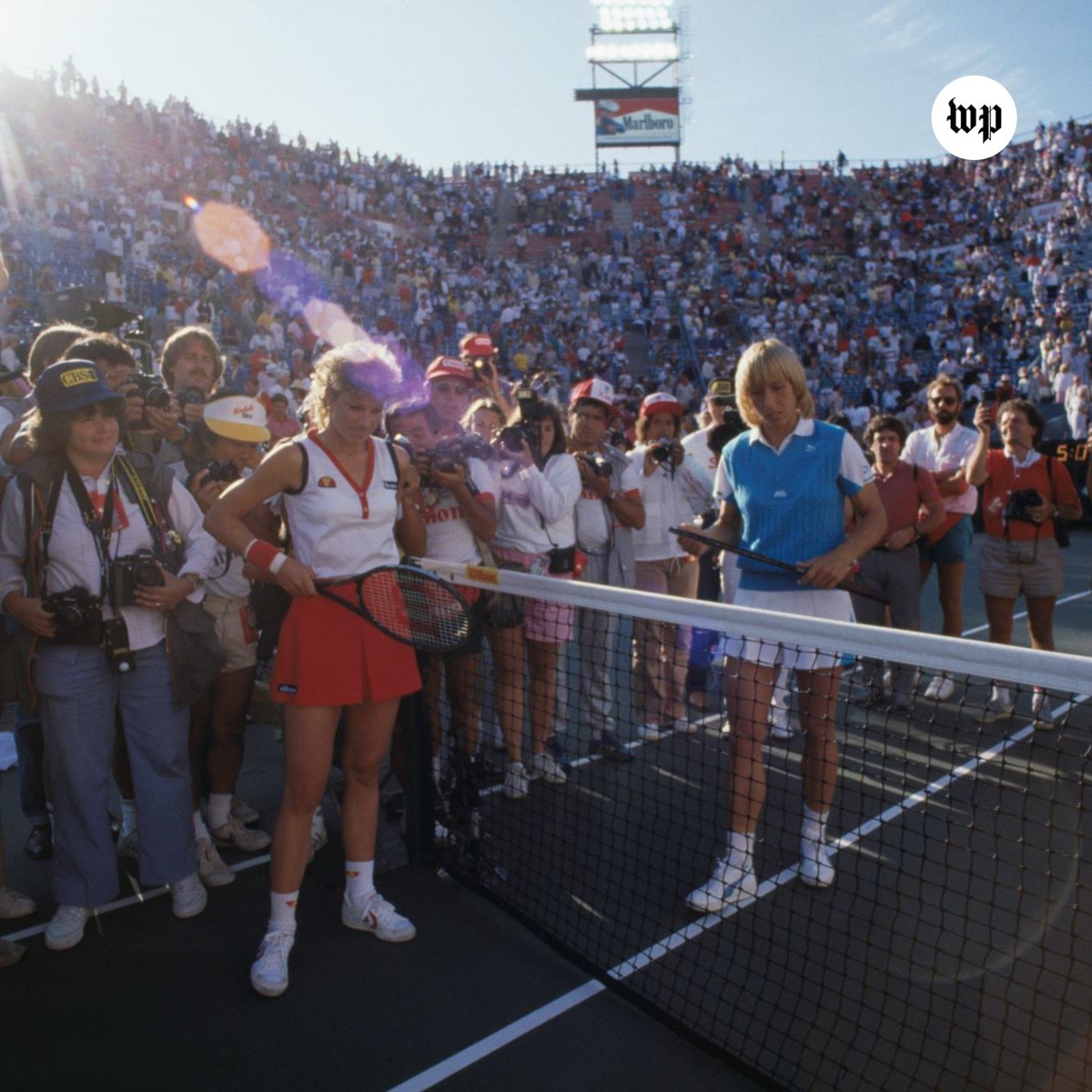 washingtonpost's tweet photo. During Grand Slams, the locker room is filled with competitors until just two people are left in the final. Chris Evert and Martina Navratilova were almost invariably the last two.

Afterward, they would return to that small room of two observing each other with sidelong glances of the other’s triumphalism or tears. No one else could possibly understand it, except for the other. https://t.co/78ixTyl15M