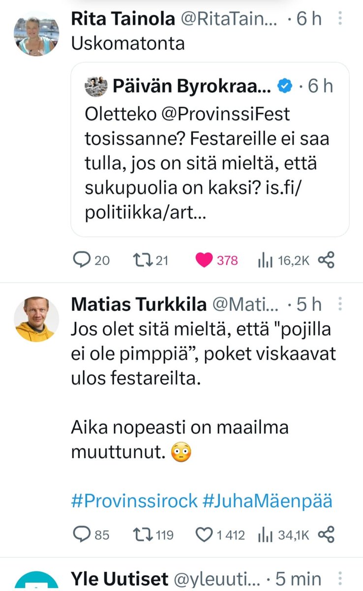 Ei liene yllätys että päivän polttava puheenaihe on onko pojalla pippeli ja saako sen sanoa ääneen. Melkoista touhua Rock festivaalilta joka ottaa kantaa aiheeseen ja kaivaa vain itselleen syvemmän kuopan @ProvinssiFest on rasistinen ja fasistinen