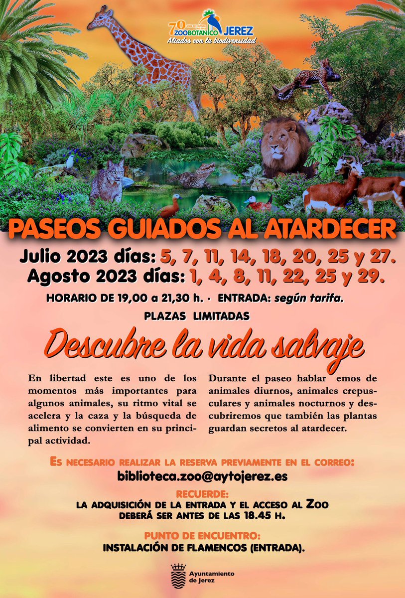 Esta próxima semana comienzan los paseos guiados al atardecer en el @ZooJerez. 

Una oportunidad para descubrirlo desde otra perspectiva.

Las Plazas son limitadas. 

INSCRIPCIÓN PREVIA Y CONFIRMACIÓN: biblioteca.zoo@aytojerez.es  

Más info zoobotanicojerez.com <a href="/ciudadjerez/">Ayuntamiento de Jerez</a>