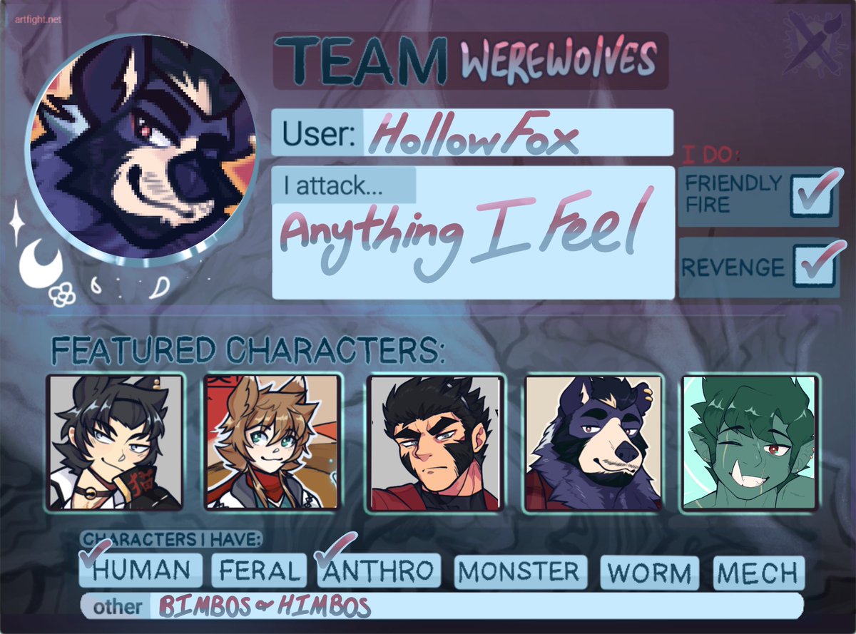 HollowFox7's tweet photo. I draw what I want, and I want what I draw~

Team Werewolves, let’s go! 🐺

https://t.co/vD83MtSYo1

#artfight #artfight2023 #artfightwerewolves https://t.co/bMGqeTHZQA