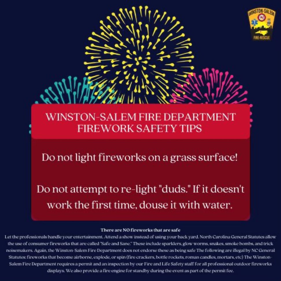 cityofwsfire's tweet photo. All fireworks are dangerous! We prefer you leave the shows to the pros! Here's some safety tips to keep you and your family safe:
🎆 Never try to re-light a dud
🌊 Keep a bucket of water nearby
🎇 Fireworks should only be handled by adults https://t.co/3sFkCsnX6N