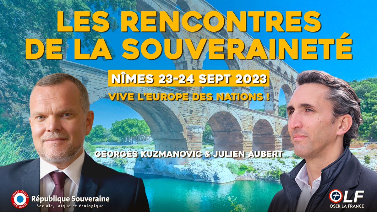 🚀 C’est parti !

RDV les 23/24 septembre pour "Les Rencontres de la Souveraineté" à Nîmes, un rendez-vous inédit conjoint avec <a href="/RSouveraine/">République souveraine</a>. 

Des personnalités politiques, des débats sur la souveraineté, l'énergie, l’ordre républicain…

POUR RÉSERVER ➡️ oserlafrance.fr/inscription-rs…