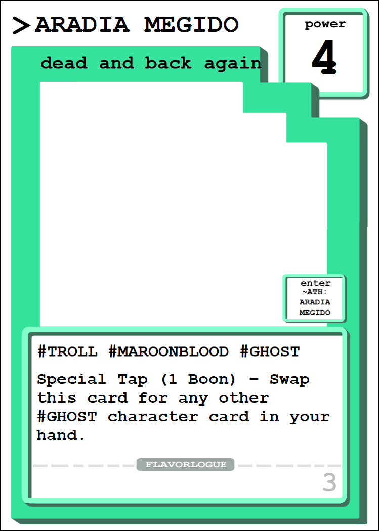 Lucheek's tweet photo. HOMESTUCK: ATYPICAL CARD GAME PRE-ALPHA V2 LAUNCH!

After a couple of play-tests, the rules have been changed, and some cards have been updated. I've also added a second pre-constructed deck: Earth C / Better Than Ever! https://t.co/ErrrVqJRG5