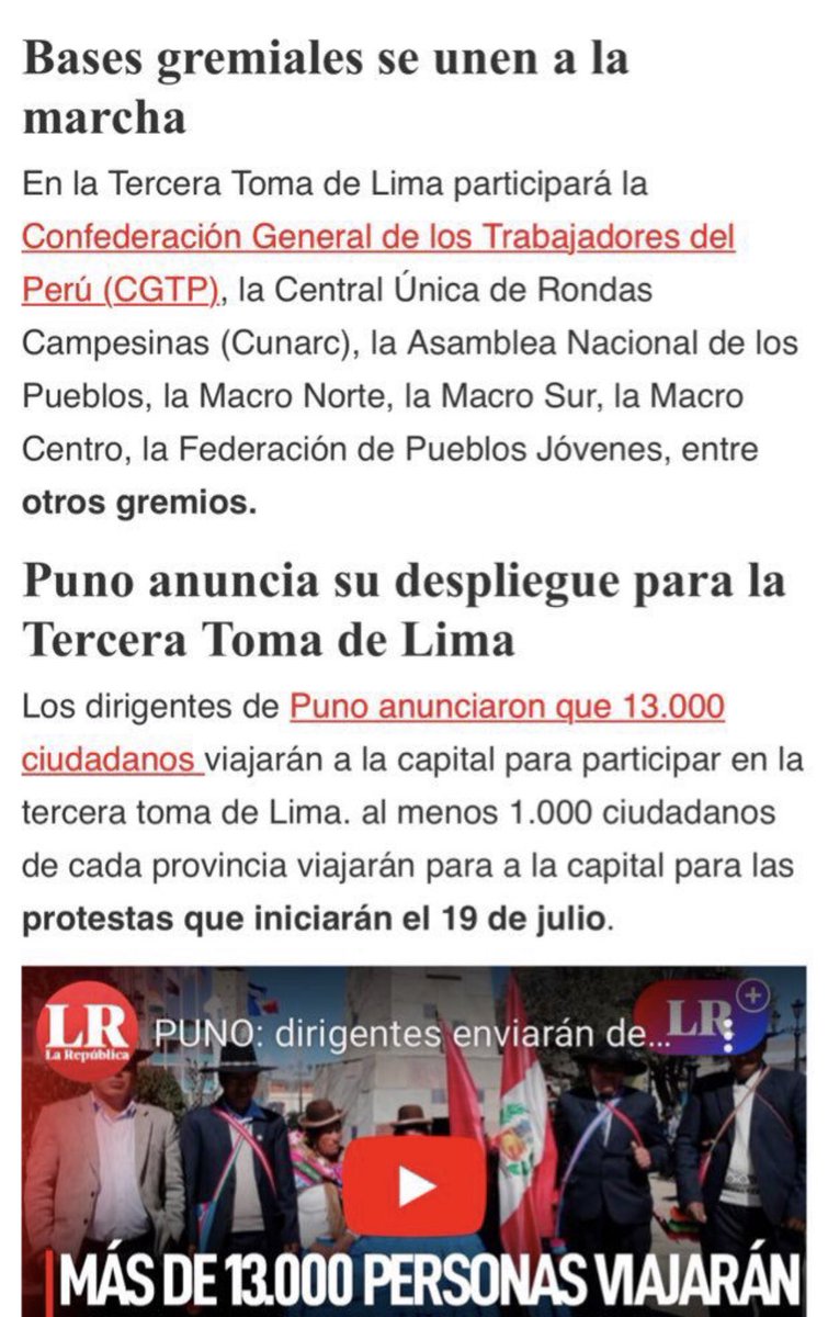 Para los que no entienden con argumentos, vayamos a las manzanitas: 1) Zamora se reúne varias veces con la CGTP. 2) CGTP promueve toma de Lima.3) La República publicita e incentiva dicha toma….Casualidad? A las pruebas me remito. Dinaaa REACCIONA!!!..nada es casual …. No se
