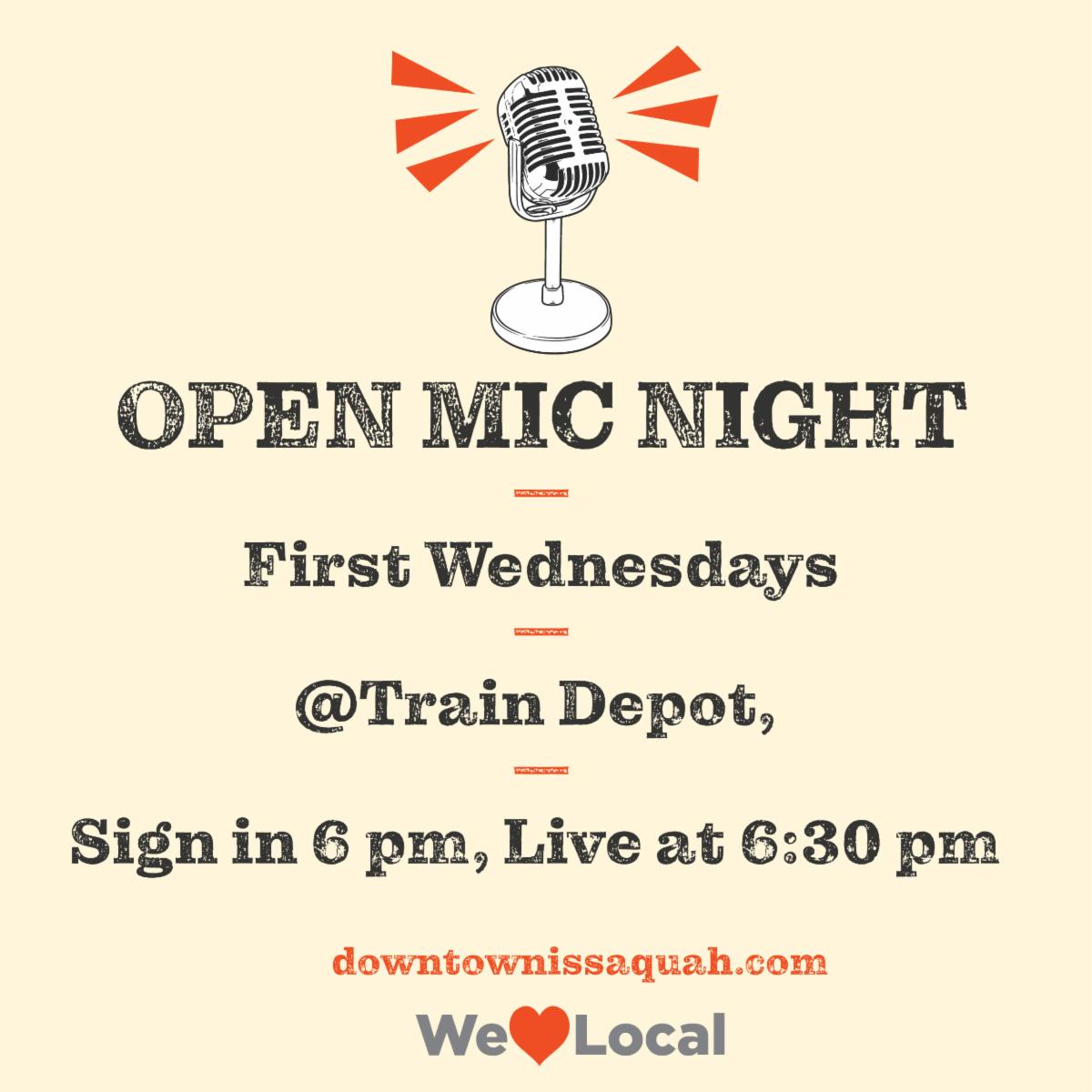 Reminder! Issaquah Open Mic is happening at the Train Depot, this Wednesday, 6:00-8:30pm
