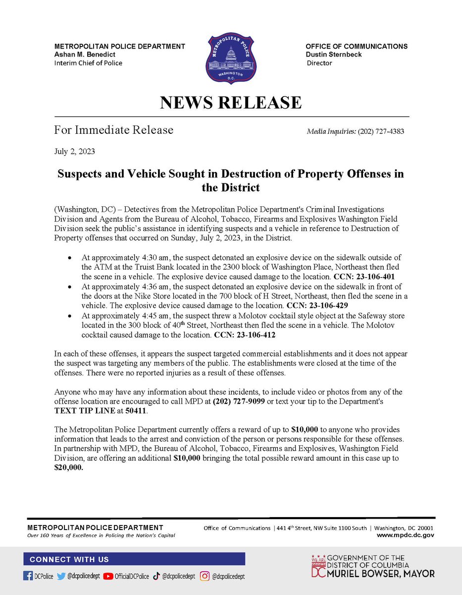 MPD and @ATFWashington seek the public's assistance in identifying suspects and a vehicle in reference to Destruction of Property offenses that occurred on Sunday, July 2, 2023, in the District. Have info? Call (202) 727-9099/text 50411 Release: mpdc.dc.gov/release/suspec…