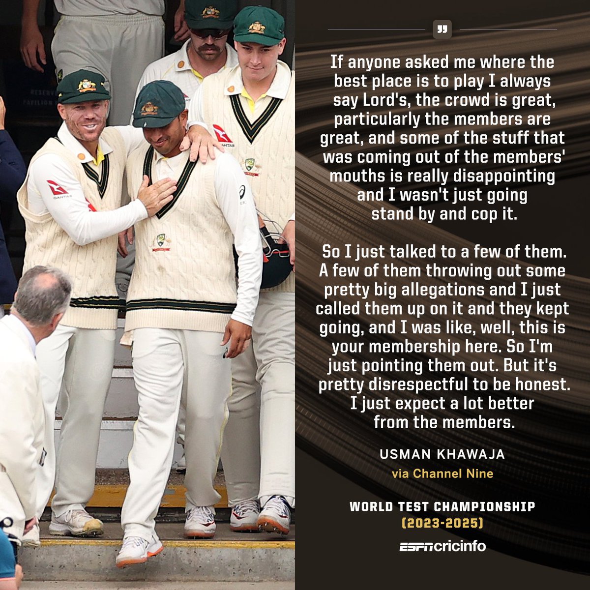 ESPNcricinfo's tweet photo. Usman Khawaja condemns 'disrespectful' behaviour from MCC members, after Australia's players faced abusive comments in the Lord's Long Room at lunch on Day 5

https://t.co/6pYZfK3lpv | #Ashes https://t.co/9mO2PZAhmf