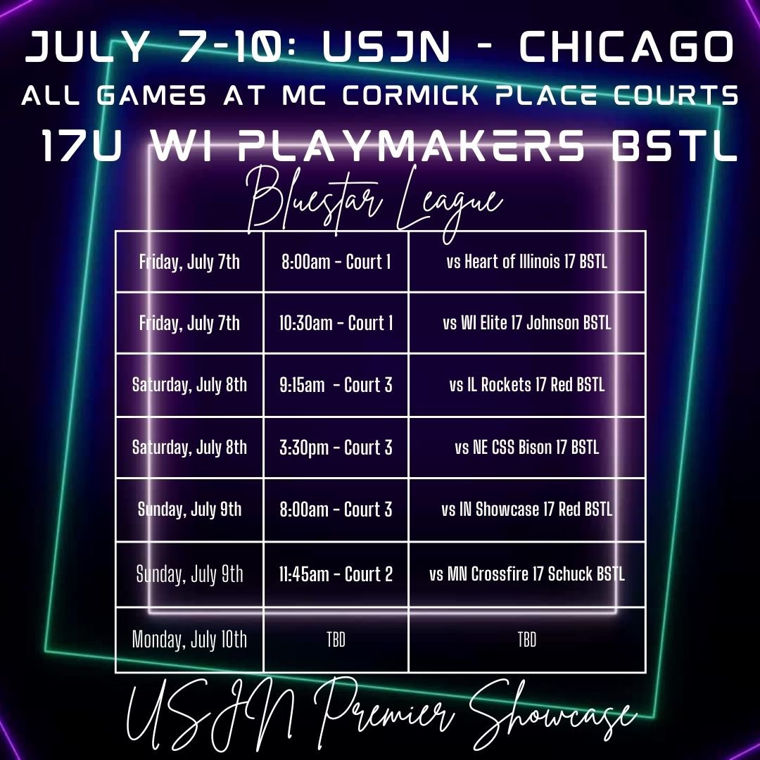 WI Playmakers 17U BSTL & 17U BSSL (@playmkrs17u) on Twitter photo 🚨 <a href="/USJN/">USJN</a> Premier Showcase Schedule ⬇️⬇️⬇️
WI-Playmakers 17U BSTL Roster:
#4 <a href="/AyanaBousum/">Ayana Bousum</a>
#5 <a href="/ESchiszik/">Ellie Schiszik</a> (2025)
#10 <a href="/hvandehey8/">Halle</a>
#11 <a href="/Emmamann4411/">Emma</a>
#12 <a href="/lizkyles05/">Elizabeth Kyles</a>
#14 <a href="/MaddieMurphy24/">Maddie Murphy</a>
#15 <a href="/TaylorClarey/">Taylor Clarey</a>
#20 <a href="/FillbachSidney/">Sidney Fillbach</a>
#21 <a href="/ParisOpelt/">Paris opelt</a>
#30 <a href="/anna_skemp/">Anna Skemp</a>
#33 <a href="/AshleyChilson33/">Ashley Chilson</a> 🚨 <a href="/USJN/">USJN</a> Premier Showcase Schedule ⬇️⬇️⬇️
WI-Playmakers 17U BSTL Roster:
#4 <a href="/AyanaBousum/">Ayana Bousum</a>
#5 <a href="/ESchiszik/">Ellie Schiszik</a> (2025)
#10 <a href="/hvandehey8/">Halle</a>
#11 <a href="/Emmamann4411/">Emma</a>
#12 <a href="/lizkyles05/">Elizabeth Kyles</a>
#14 <a href="/MaddieMurphy24/">Maddie Murphy</a>
#15 <a href="/TaylorClarey/">Taylor Clarey</a>
#20 <a href="/FillbachSidney/">Sidney Fillbach</a>
#21 <a href="/ParisOpelt/">Paris opelt</a>
#30 <a href="/anna_skemp/">Anna Skemp</a>
#33 <a href="/AshleyChilson33/">Ashley Chilson</a>