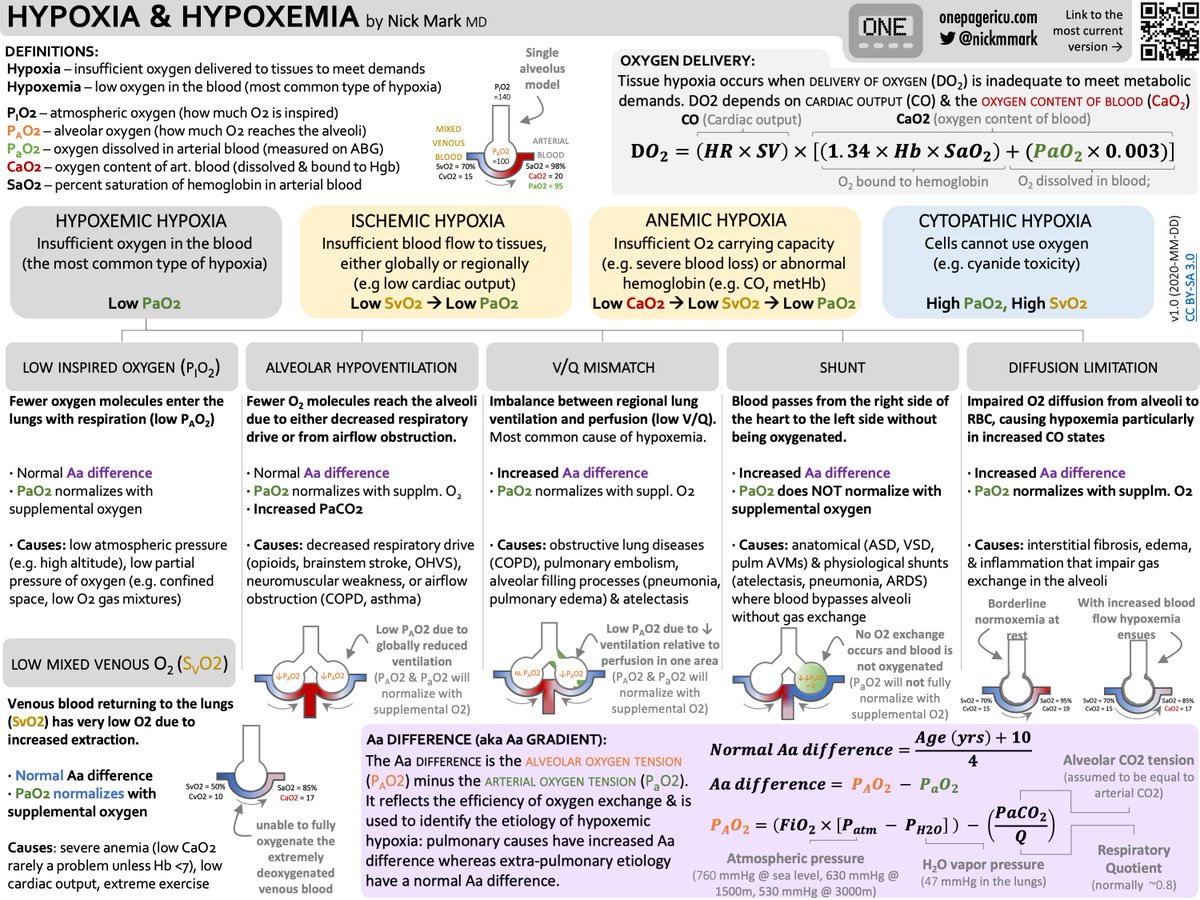 ICU OnePager approach to the6️⃣causes of hypoxemia: #TipsForNewDocs 
🏔️ Low inspired O2
😴 Alveolar hypoventilation
🚬 V/Q mismatch
🕳️ Shunt
🦜 Diffusion limitation
🫀Low mixed venous O2

onepagericu.com/hypoxia