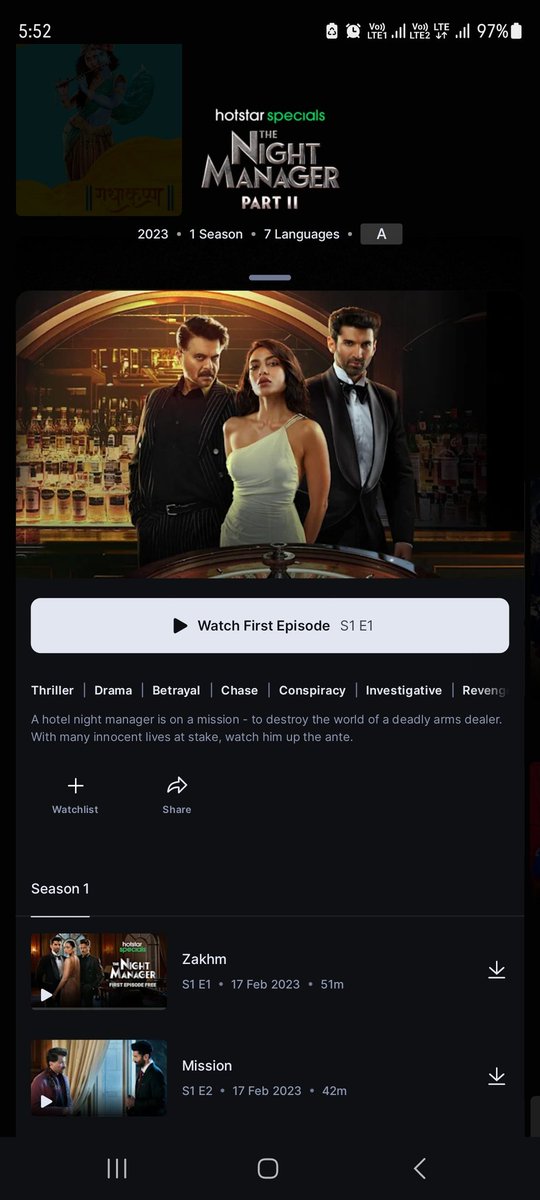 Aman97s's tweet photo. @DisneyPlusHS #TheNightManager2 
While clicking on the poster of the night manager S2, it only shows S1 episodes in hotstar mobile and TV version respectively. 
Kindly into the matter and resolve it 🙏🏻 https://t.co/2juWYr2ir3