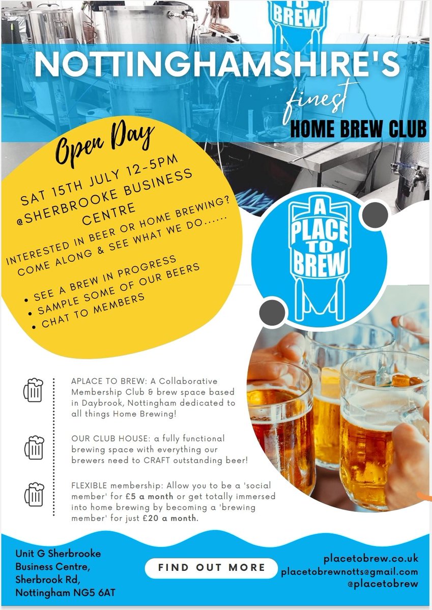 PlaceToBrew's tweet photo. This is a child and dog friendly event, so pop down for a jar or two, and find out more about Place to Brew! 🍻

See the Flyer below for more details!

#HomeBrew #OpenDay #Nottingham #CraftBeer #Ale #hops #BeerClub #Community https://t.co/tFkdbCNZgu