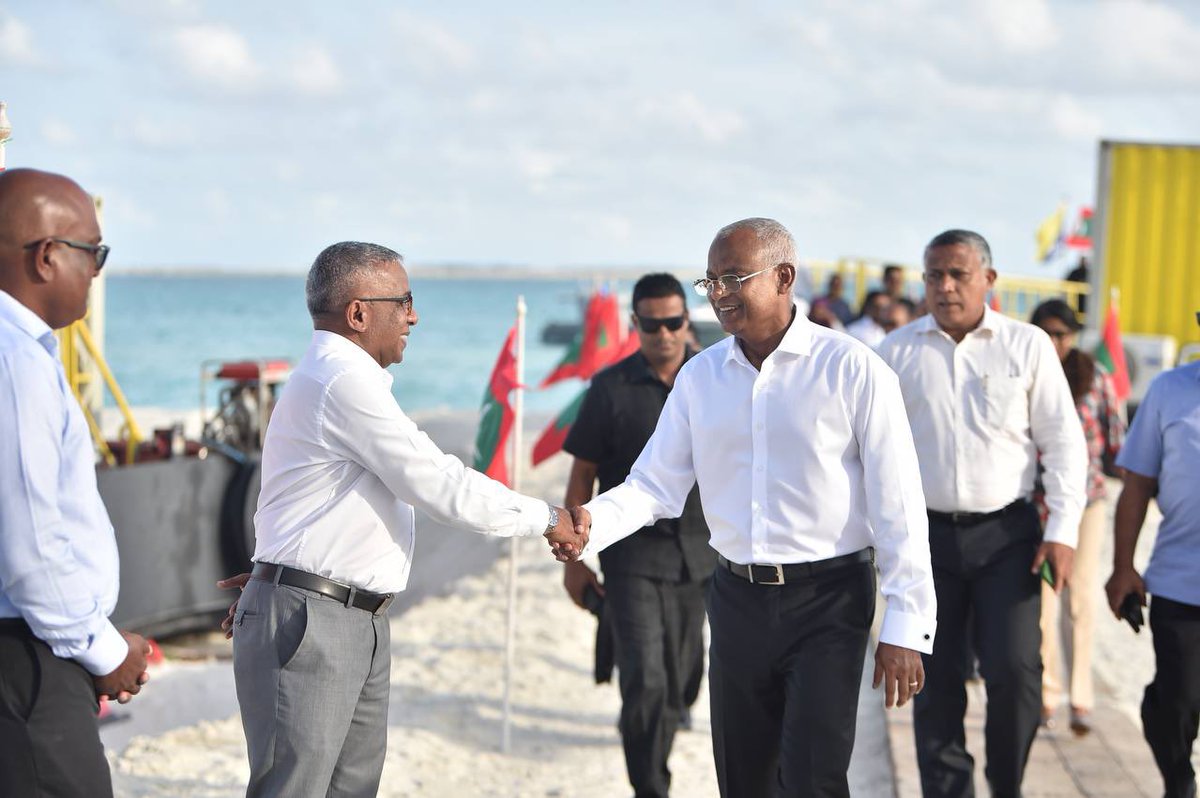 presidencymv's tweet photo. This evening, President @ibusolih inaugurated the Gulhifalhu land reclamation project, which will create 150 hectares of land for the 'Binveriya' housing scheme and the Gulhifalhu Port project. https://t.co/sBavMPlEkk