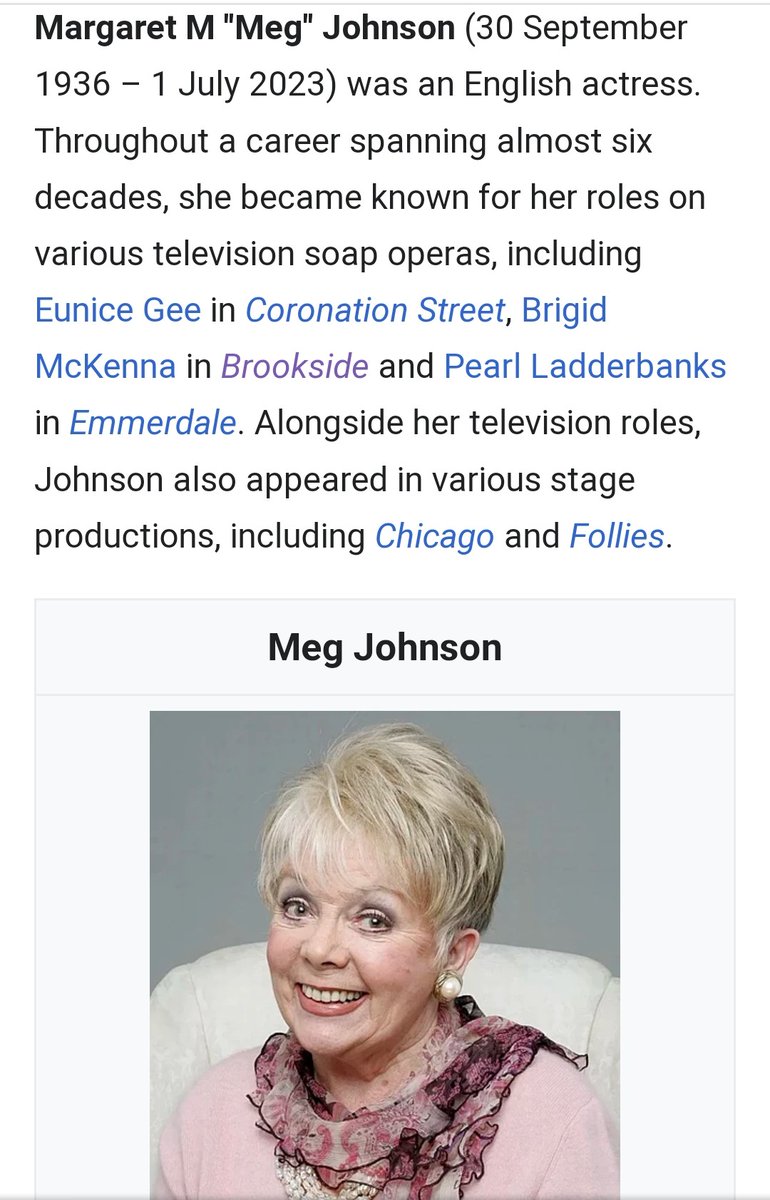 ArronUsher's tweet photo. Such sad news that English actress #MegJohnson has passed away at 86.
Probably best remembered for her roles in the UK soap operas Coronation Street , Emmerdale & #Brookside & her work with #VictoriaWood
She was a much underrated actress.
#RIPMegJohnson 💛 https://t.co/ALiq1T9gUt