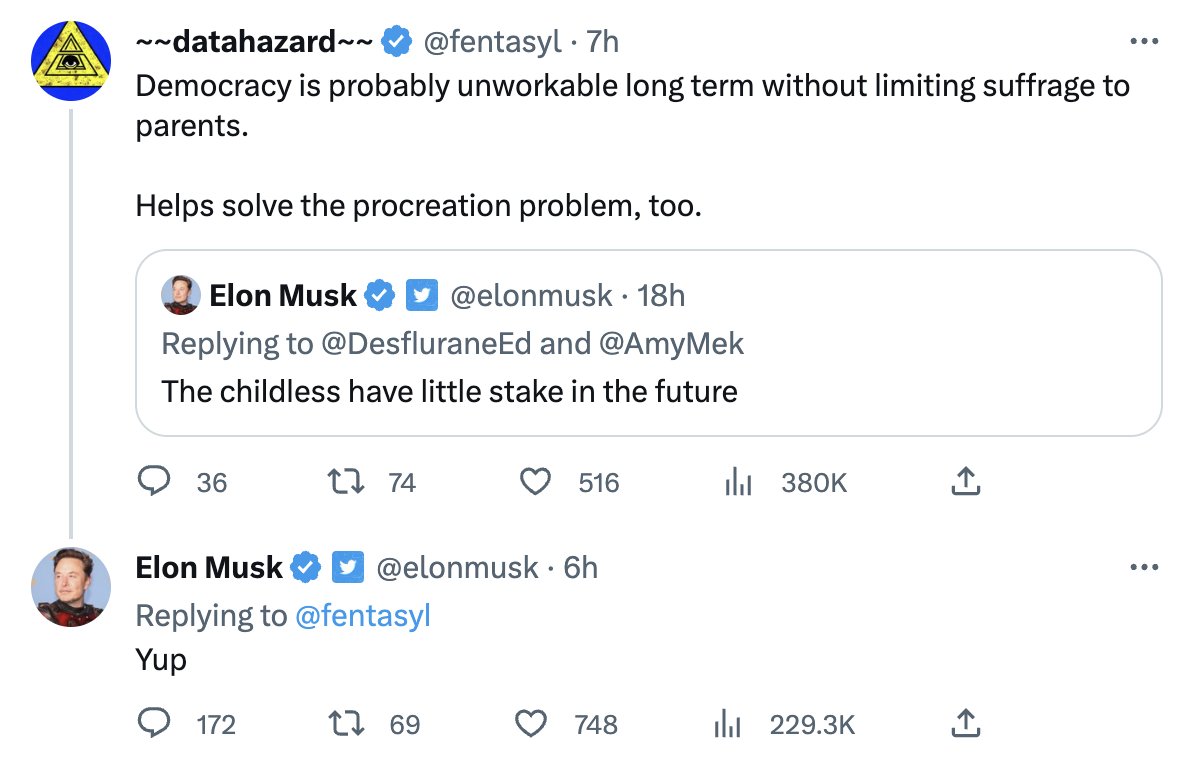 jbenton's tweet image. One of the richest men in the history of mankind, casually endorsing the end of voting rights for Americans without children.