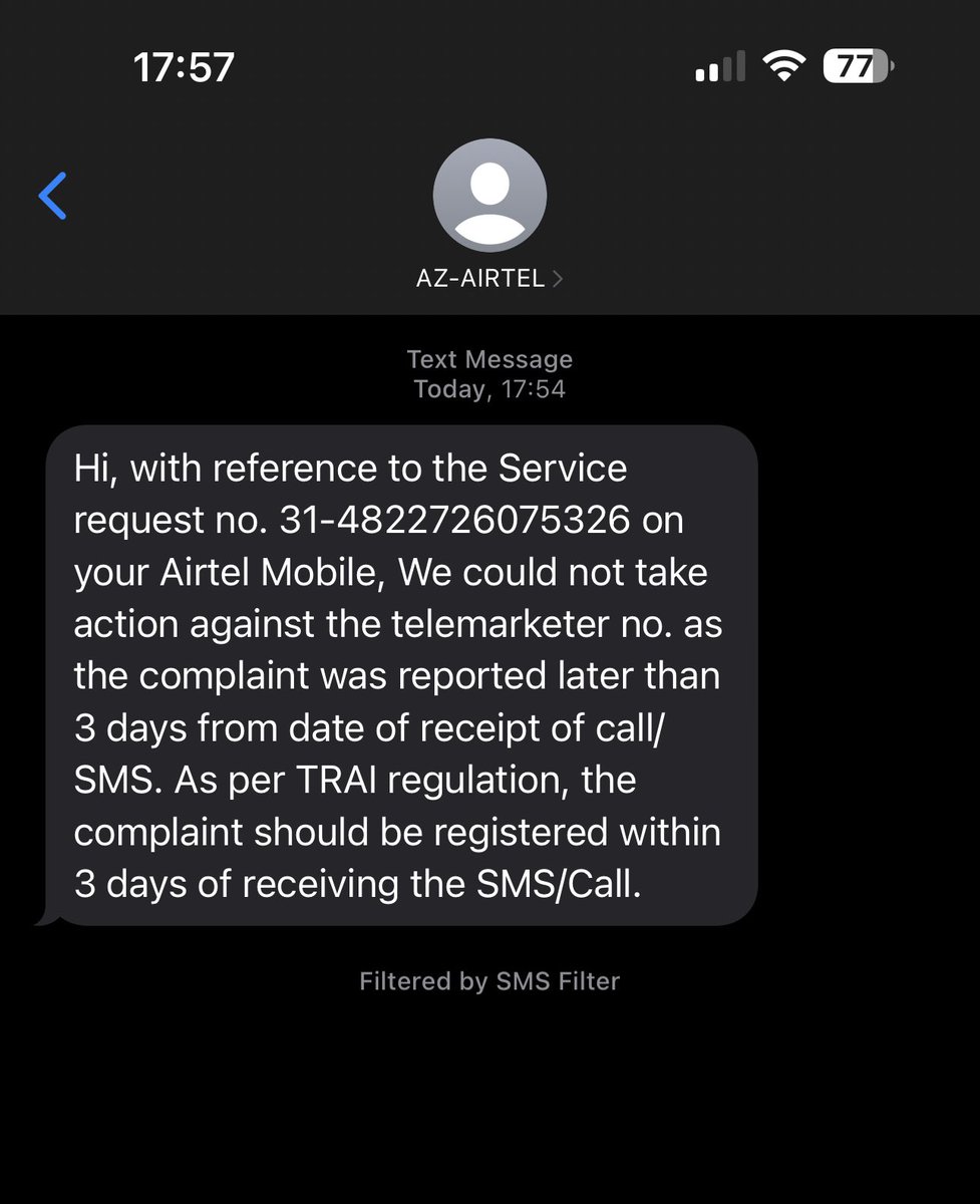 capt_rshukla's tweet photo. @airtelindia I hv just registered a DND related complaint at 17:43 for a call I received 17:34 and 16:42. But I got this SMS from you. Are you even trying to uphold DND??? @TRAI @ITS_MoC #SCAM #kaamchoribyairtel #DNDfail #DNDdenied #upholdDND @AshwiniVaishnaw @Airtel_Presence https://t.co/QXuXlTS3Ps
