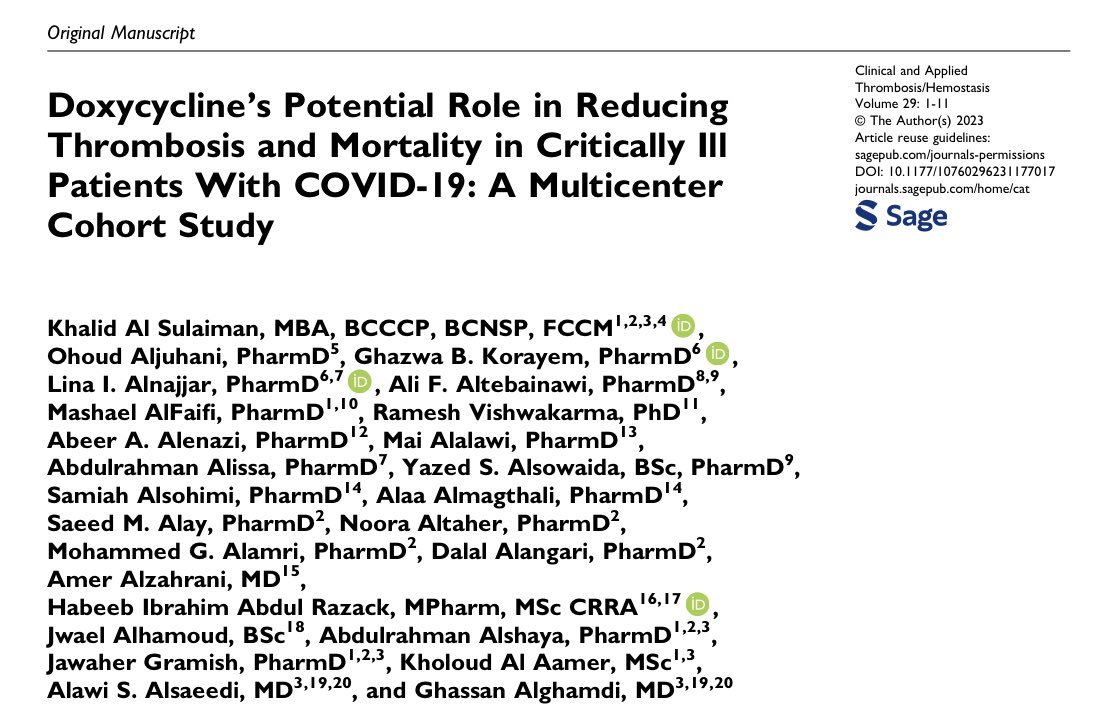 alsulaimankh's tweet photo. We are thrilled to share our new study titled "Doxycycline's Potential Role in Reducing Thrombosis and Mortality in Critically Ill Patients With COVID-19: A Multicenter Cohort Study"

Animal studies have previously shown promising effects of doxycycline in preventing thrombosis and reducing mortality. However, its antithrombotic role in COVID-19 patients was relatively unknown. Hence, our aim was to bridge this knowledge gap and assess whether doxycycline could serve as an effective adjunctive therapy for critically ill patients with COVID-19. As we all know, thrombosis and mortality remain significant concerns in critically ill patients with this virus. That's why our study focused on evaluating the impact of doxycycline on clinical outcomes in this specific patient population.

After conducting a multicenter cohort study, we are thrilled to report that our findings sheds light on the potential benefits of doxycycline in  against COVID-19 and showed promising results in reducing thrombosis and improving survival in critically ill patients with COVID-19.

These findings have significant implications for clinical practice and underscore the importance of exploring alternative treatment options in the battle against COVID-19. While further research is needed to validate these results, our study provides valuable insights into the potential benefits of doxycycline in this context.

We extend our gratitude to all @SCAPE_Platform investigators involved in this study. Collaboration and dedication are crucial in advancing our understanding of COVID-19 and identifying effective treatment strategies.
@DrOhoudAljuhani 
@GhazwaTbader 
@Altebainawi 
@MashaelAlfaifi 
@_alenaziar 
@Malalawyy 
@_aalshaya 
@Yalsowaida 
@samiah25 
@amerMD_RRT 
@Kholoud09 
@AlsaeediAlawiS 
Dr. Lina I Alnajjar
Dr.  Ramesh Vishwakarma
Dr. Abdulrahman Alissa
Dr.  Alaa Almagthali
Dr. Habeeb Ibrahim Abdul Razack
Dr. Jwael Alhamoud
Dr. Jawaher Gramish
Dr. Ghassan Alghamdi

Special thanks for outstanding students and pharmacy interns @KSAU_HS_COP Saeed M Alay, Noora Altaher, Mohammed G Alamri, Dalal Alangari   

If you're interested in learning more about our study, please read the full article [https://t.co/KD2KJyxnN2].

#COVID19Research #Doxycycline #ThrombosisPrevention #SurvivalBenefits #MedicalResearch