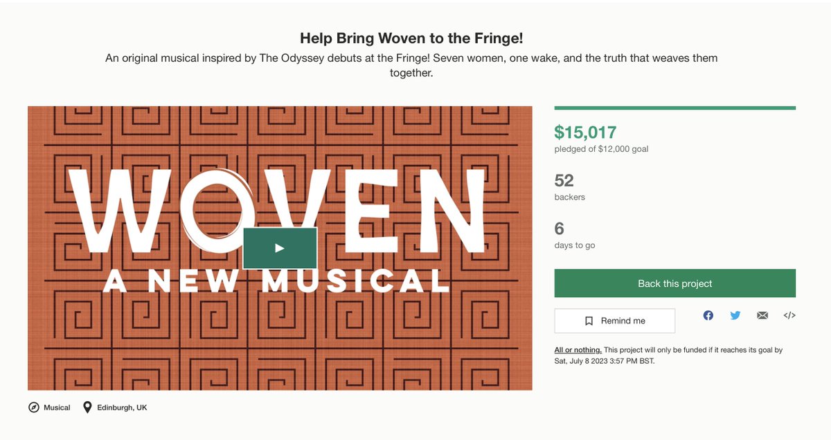 woventhemusical's tweet photo. WE ARE FULLY FUNDED -- and then some! Thank you to all of our generous and kind donors! Woven is a story for everyone. We are so proud of the show and its message. It wouldn't be shared without your collective generosity! 

#edfringe #Edinburgh #fringe #musical #newwork #woven https://t.co/o0EQmkKEpi