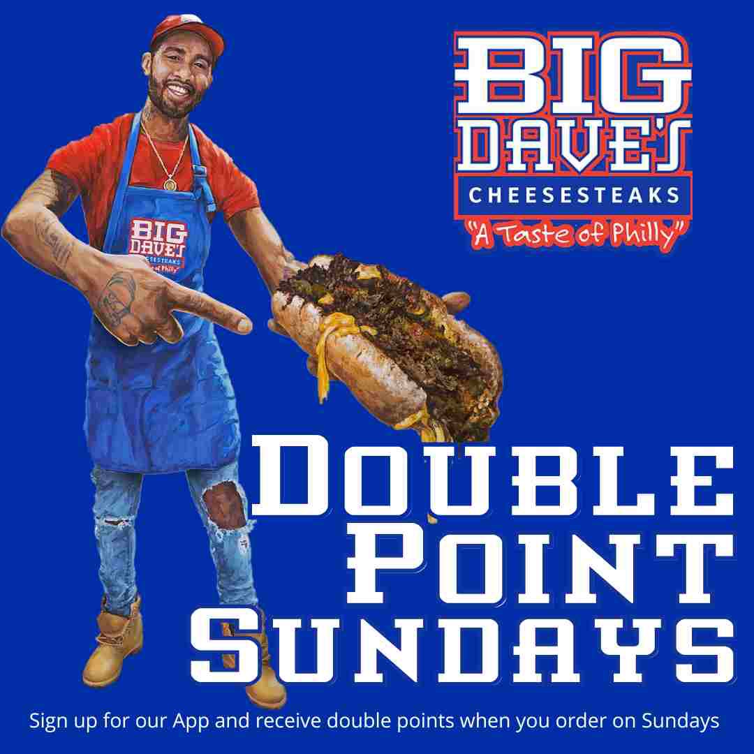 Happy Sunday!  Sign into our app to place your order and receive Double Rewards Points on Sundays!

bigdavesway.com/order

#bigdavesway #BigDavesCheesesteaks #rewardspoints