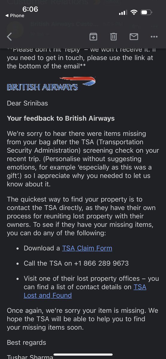 srinipatra's tweet photo. @British_Airways Do you guys take 3 months to redirect a query to @AskTSA . Do you think they will have my lost items after 90days? Hopeless and pathetic service. https://t.co/u2EBAcfKzQ