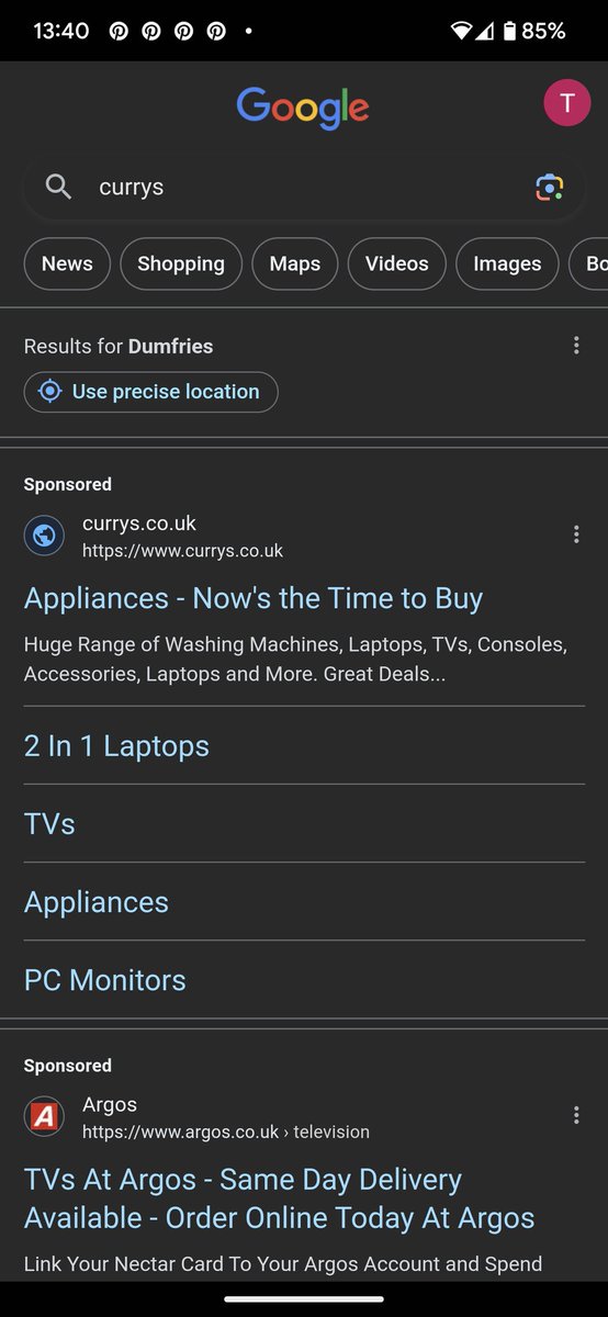 MadTom__'s tweet photo. @CurrysServices are you aware that the first result on Google - a sponsored ad shows Currys but in fact redirects to some spin the wheel scam? Appears to try to go to Currys but then redirects to the scam site. https://t.co/M67zldbRp1