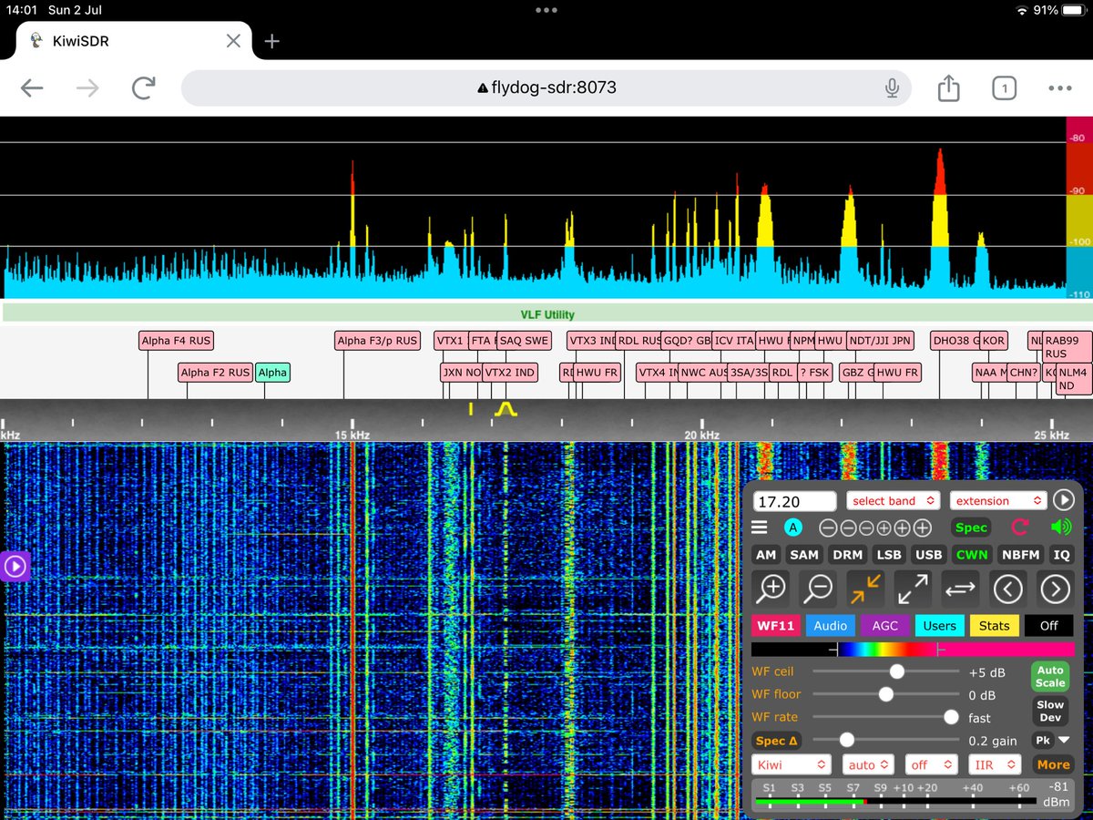 S59MZ's tweet image. Great CW signal from the the #SAQ #Grimeton Radio Station today. 
Antenna: A ground probe 1m length buried in the soil vertically and a water pipe from the abandon public water supply network as a ground.
Receiver: #FlyDog  #SDR
#hamradio #vlf
