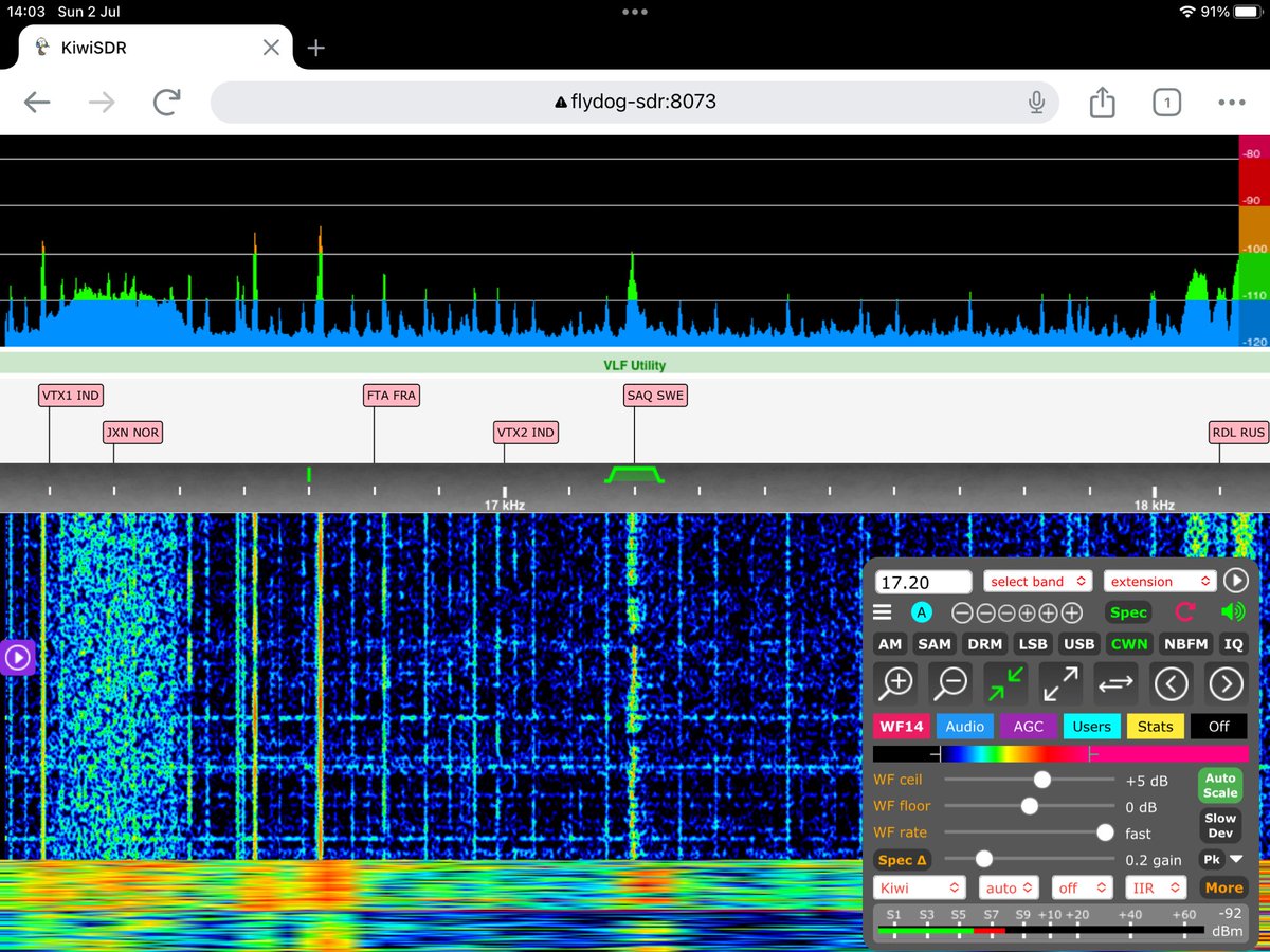 S59MZ's tweet image. Great CW signal from the the #SAQ #Grimeton Radio Station today. 
Antenna: A ground probe 1m length buried in the soil vertically and a water pipe from the abandon public water supply network as a ground.
Receiver: #FlyDog  #SDR
#hamradio #vlf