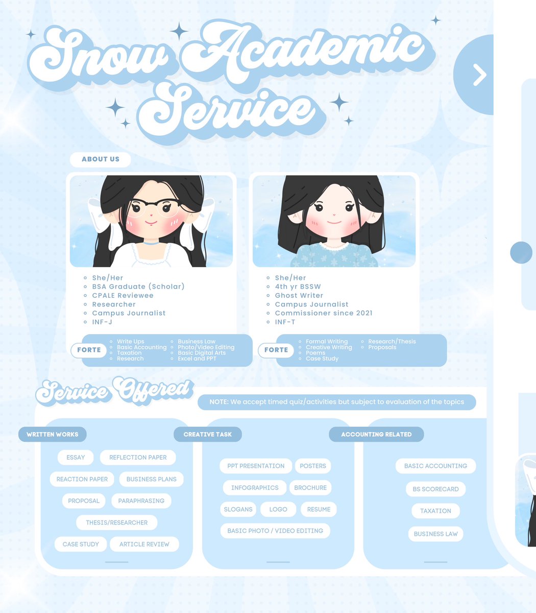 SNOWACADS's tweet image. Annyeooong 💙🦋

Welcome to Snow’s space ~ 

We are offering wide range and high quality output from Written Task, Creative Works to Accounting related topics!

Feedback:
#AcadWithSnow

Samples: 
drive.google.com/drive/folders/…

Got inquiries? Slide thru our DMs 📩