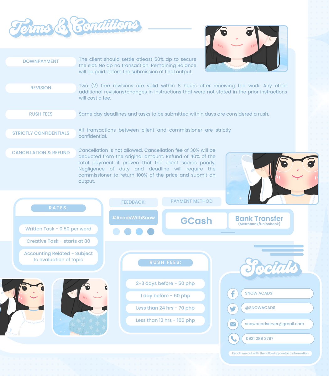 SNOWACADS's tweet image. Annyeooong 💙🦋

Welcome to Snow’s space ~ 

We are offering wide range and high quality output from Written Task, Creative Works to Accounting related topics!

Feedback:
#AcadWithSnow

Samples: 
drive.google.com/drive/folders/…

Got inquiries? Slide thru our DMs 📩