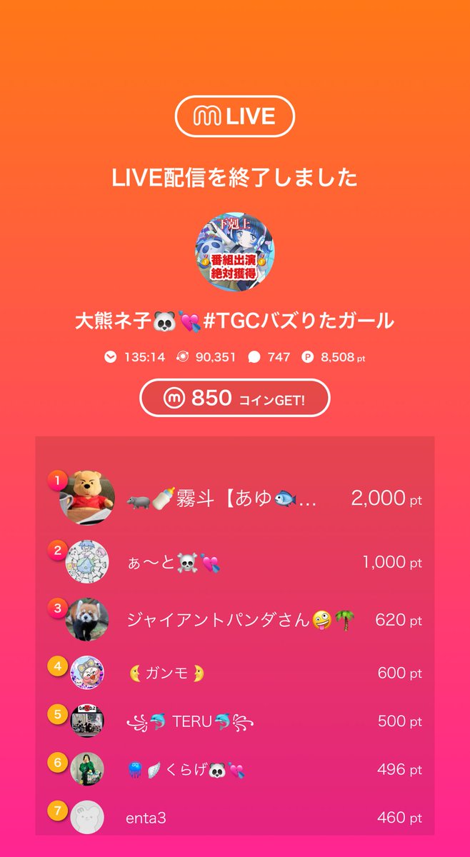 🎥:大熊ネ子🐼💘#TGCバズりたガールのライブ配信
 
ひき肉された‼️最高の気分‼️
ギタートリオの左は彼氏ちゃうからな😆😆
あとなぜか溶接の話で盛り上がるネ子枠です。1回1回の配信が濃いんよ！！！
情報過多すぎるんよ！！！！好！💖

mixch.tv/u/17457985