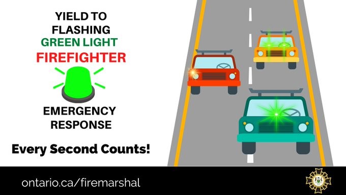 CentrWellington's tweet photo. When you see a vehicle with a green flashing light - please pull over! It's a volunteer firefighter responding to a call. By pulling over, you allow the firefighter to get to the station quicker so that they can help someone in need. https://t.co/XmmGQoRENa