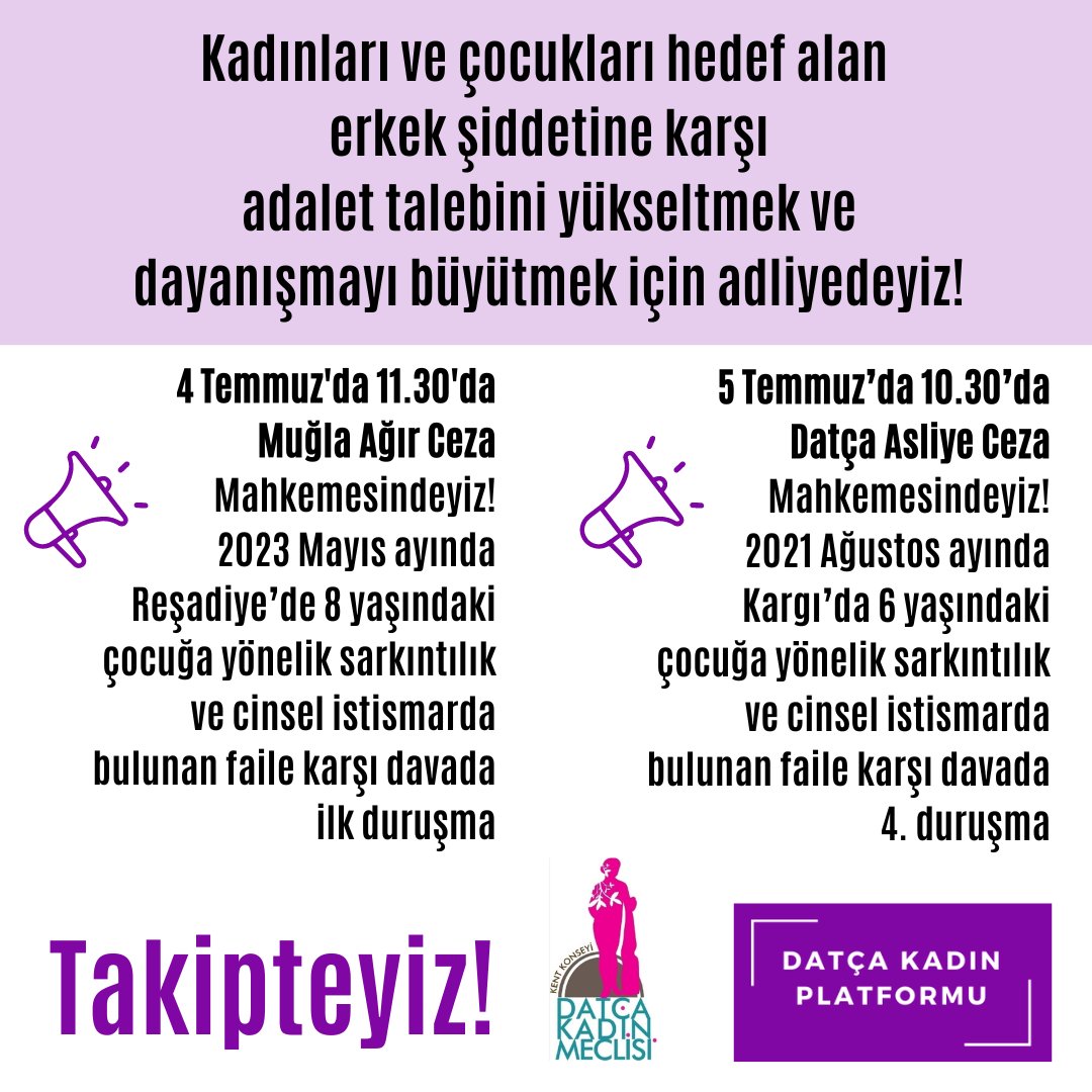 datcakadinplt's tweet image. 📢 Kadınları ve çocukları hedef alan erkek şiddetine karşı adalet talebini yükseltmek ve dayanışmayı büyütmek için adliyedeyiz! 📌

👉4 Temmuz Salı 11.30&apos;da Muğla Ağır Ceza Mahkemesindeyiz!
👉5 Temmuz Çarşamba 10.30’da Datça Asliye Ceza Mahkemesindeyiz!

T A K İ P T E Y İ Z ! 📌