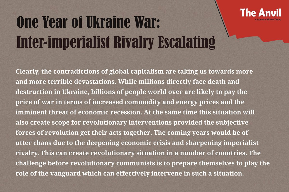 anvil_mag's tweet photo. 📮_____📮
One Year of Ukraine War: Inter-imperialist Rivalry Escalating
✍️ Anand
🖥️ Online Link - https://t.co/UJSpsXBduz
➖➖➖➖➖➖➖➖➖➖➖➖

Read the complete article in the seventh issue of The Anvil https://t.co/SclrG1tw9K