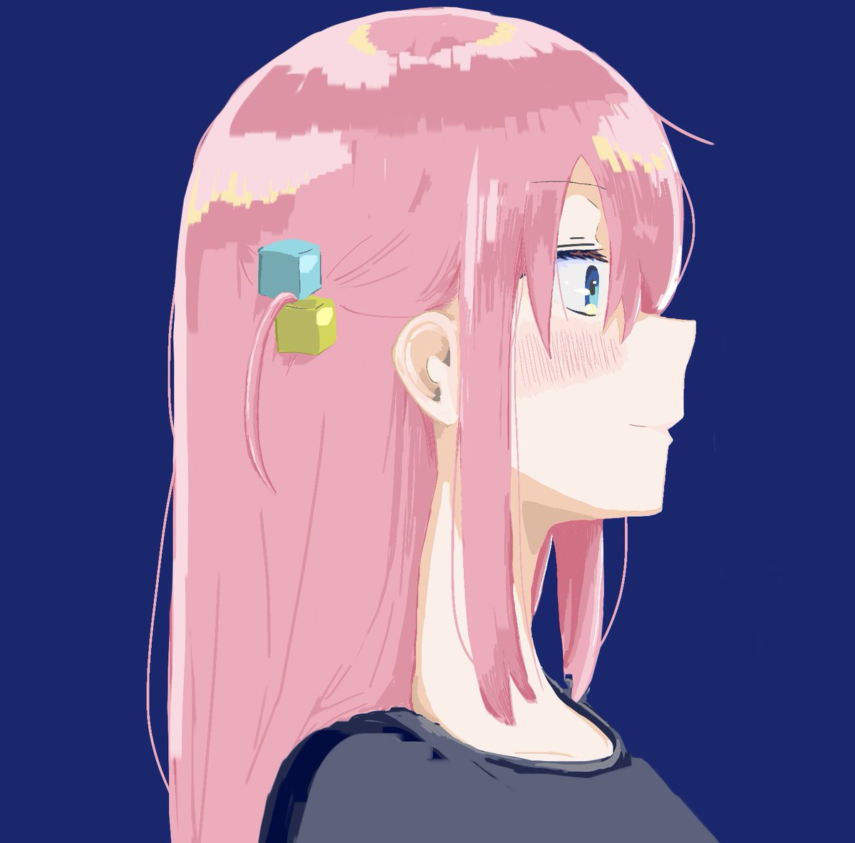 gotou hitori cube hair ornament pink hair white background hair ornament > < blue eyes simple background  illustration images