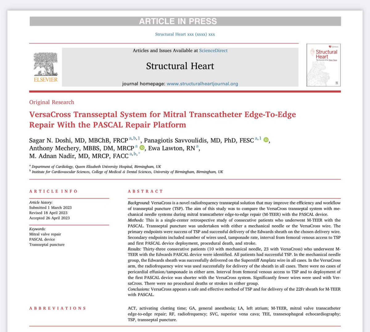 Mitral #TEER requires accurate #TSP and #VersaCross allows predictable and adjustable TSP without needle or multiple wire exchanges. Our experience with #Pascal in @crfshj @BaylisMedTech @EdwardsLifesci @BSCCardiology #MedTwitter #CardioTwitter sciencedirect.com/science/articl… @ICVS_UoB