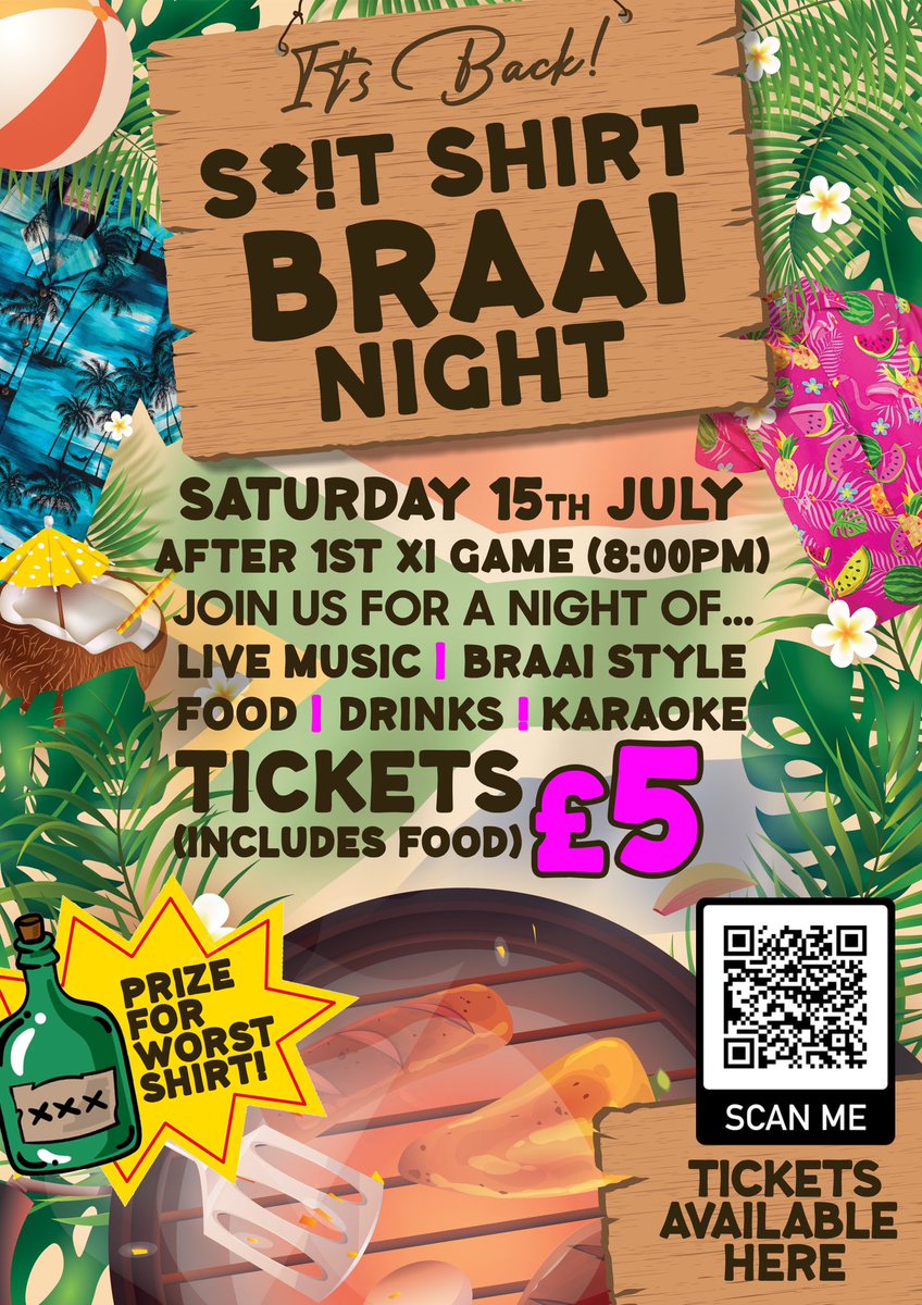 BradshawCricket's tweet photo. 🚨SAT 15TH JULY🚨

Get your best shirts out as we dive into the world of South Africa for a s**t shirt Braai Night!

We have live music, karaoke &amp; plenty of drinks &amp; Braai style food! 🎤🎶🍻🌭

TICKETS £5 (includes food)

Get your tickets here: https://t.co/l9oWJnVl2U https://t.co/sUXWBS3zMJ