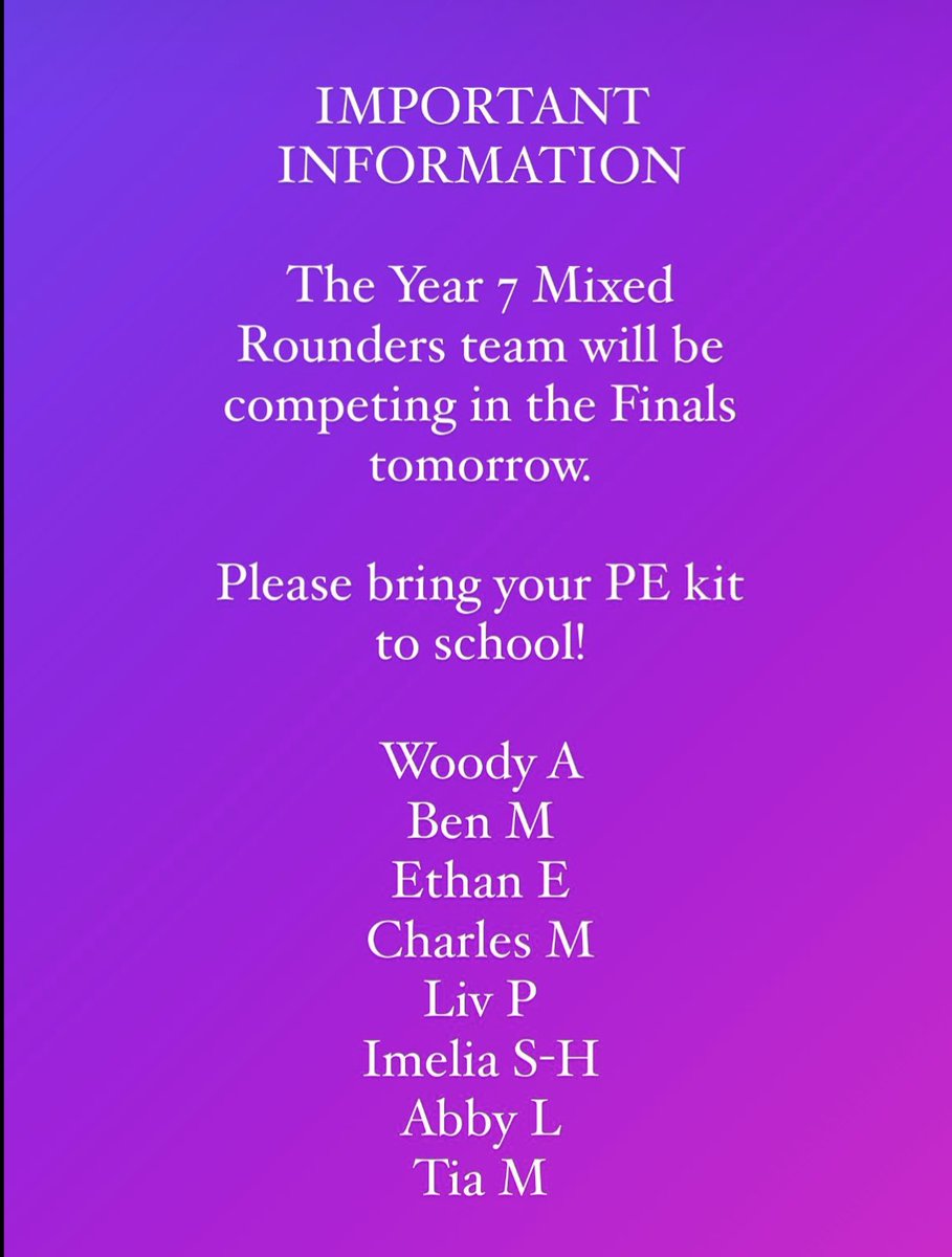 🚨IMPORTANT FIXTURE INFORMATION 🚨

The Year 7 Mixed Rounders team have a fixture after-school tomorrow at Robert Mays. Please bring your PE kit!